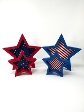 Patriotic Star Decor Set Red White Blue Wood 4th of July Tiered Tray Shelf